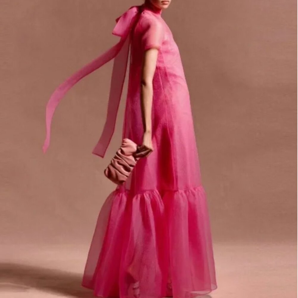 *Cover Only* STAUD Calluna Tiered Tulle Gown Maxi Dress Pink Sheer Bow - Picture 5 of 13